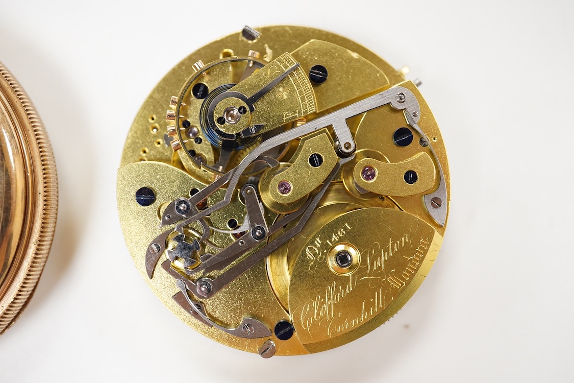 An early 20th century gilt pocket watch and a pocket watch movement, the gilt pocket watch cased by ALD Dennison, numbered 214665, movement numbered 308461, length 6.3cm; together with a pocket watch movement, the white